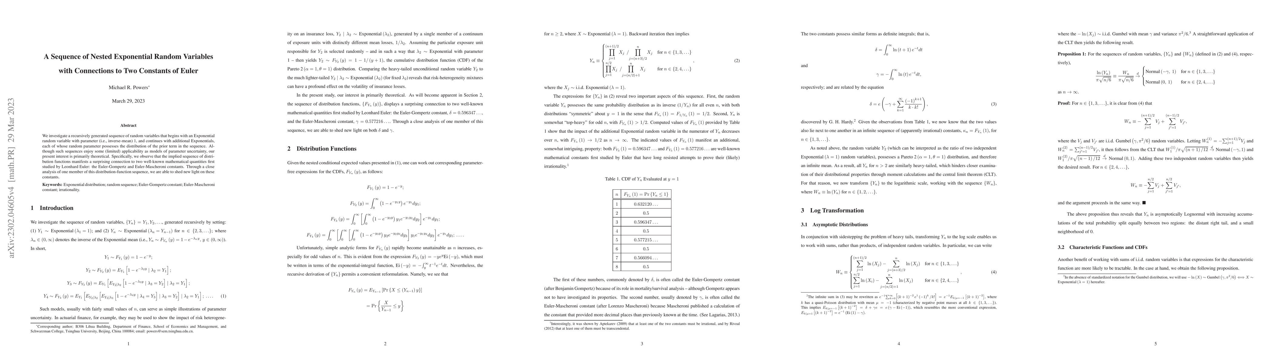 Thumbnail for A Sequence of Nested Exponential Random Variables with Connections to
  Two Constants of Euler