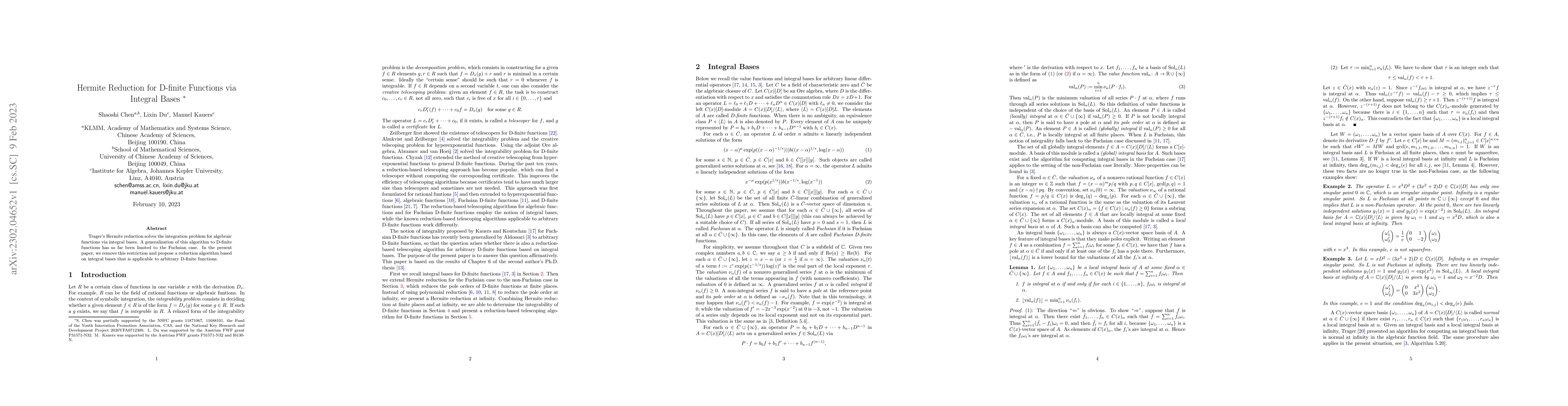 Thumbnail for Hermite Reduction for D-finite Functions via Integral Bases