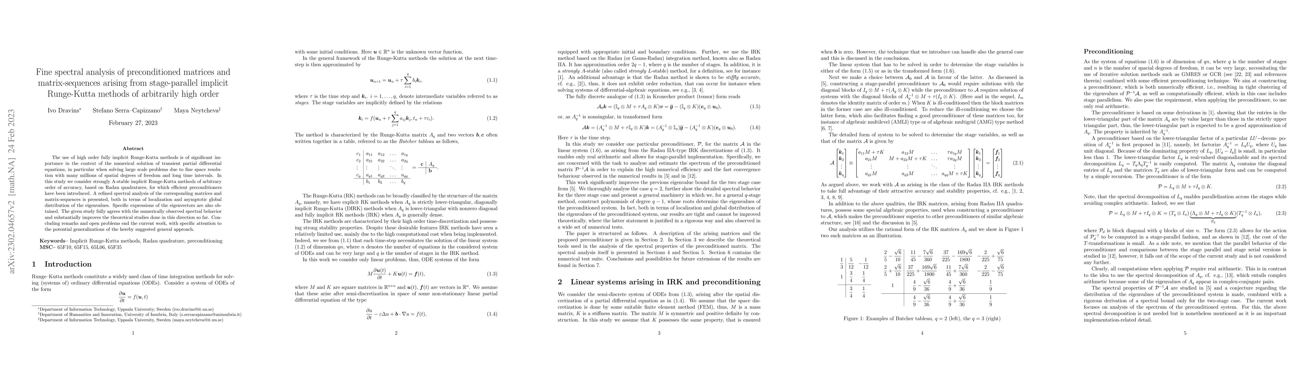 Thumbnail for Fine spectral analysis of preconditioned matrices and matrix-sequences
  arising from stage-parallel implicit Runge-Kutta methods of arbitrarily high
  order