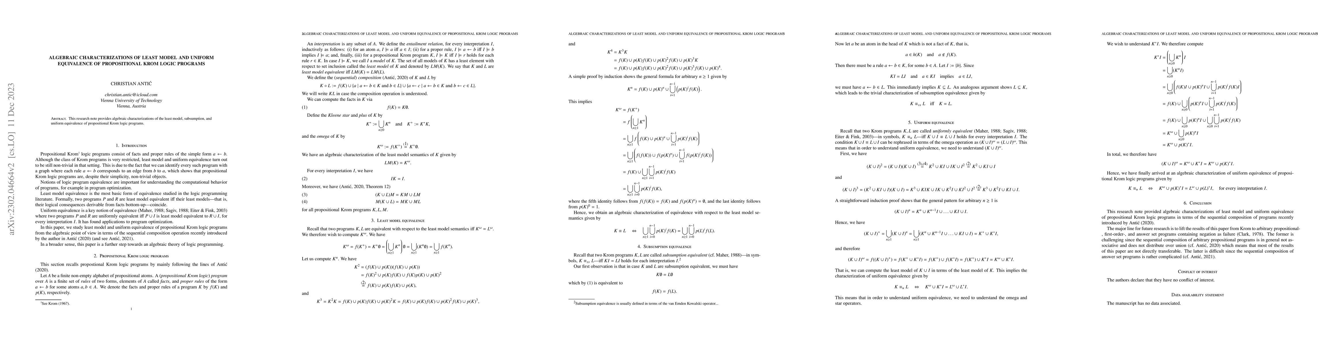 Thumbnail for Algebraic characterizations of least model and uniform equivalence of
  propositional Krom logic programs