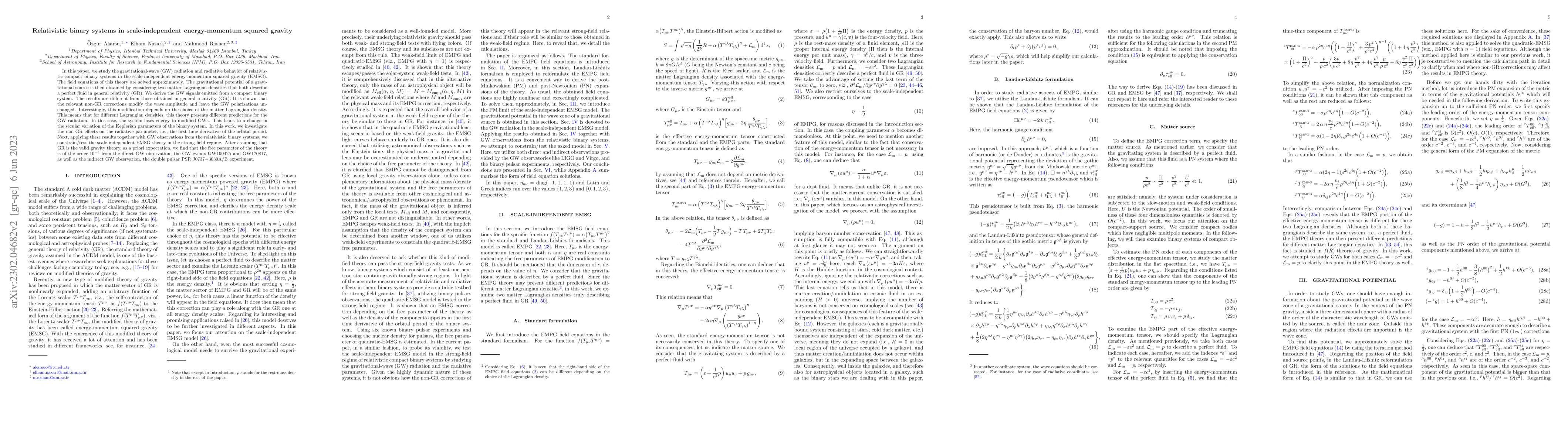 Thumbnail for Relativistic binary systems in scale-independent energy-momentum squared
  gravity