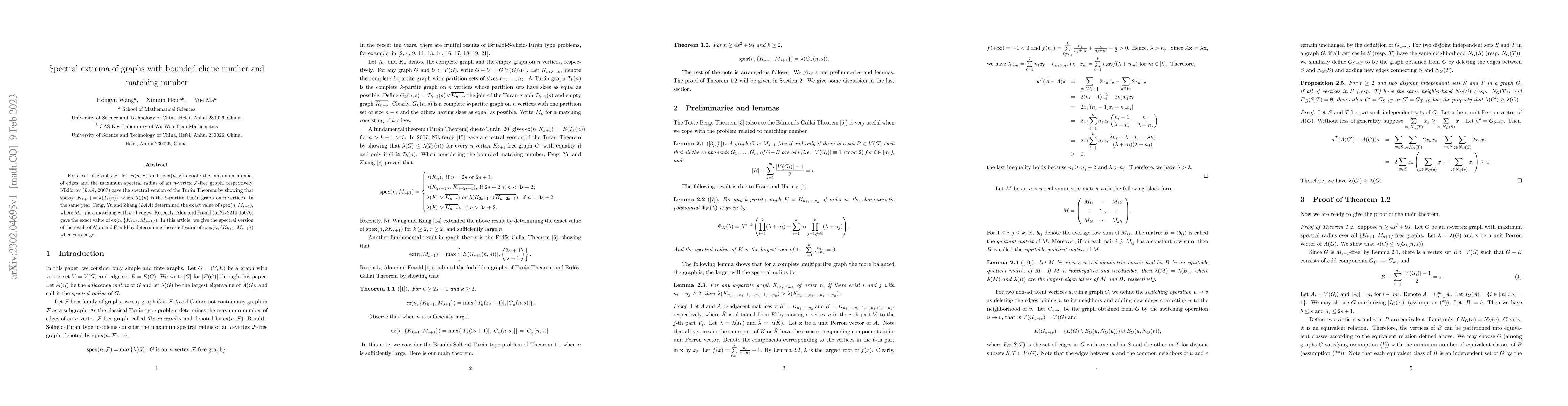 Thumbnail for Spectral extrema of graphs with bounded clique number and matching
  number