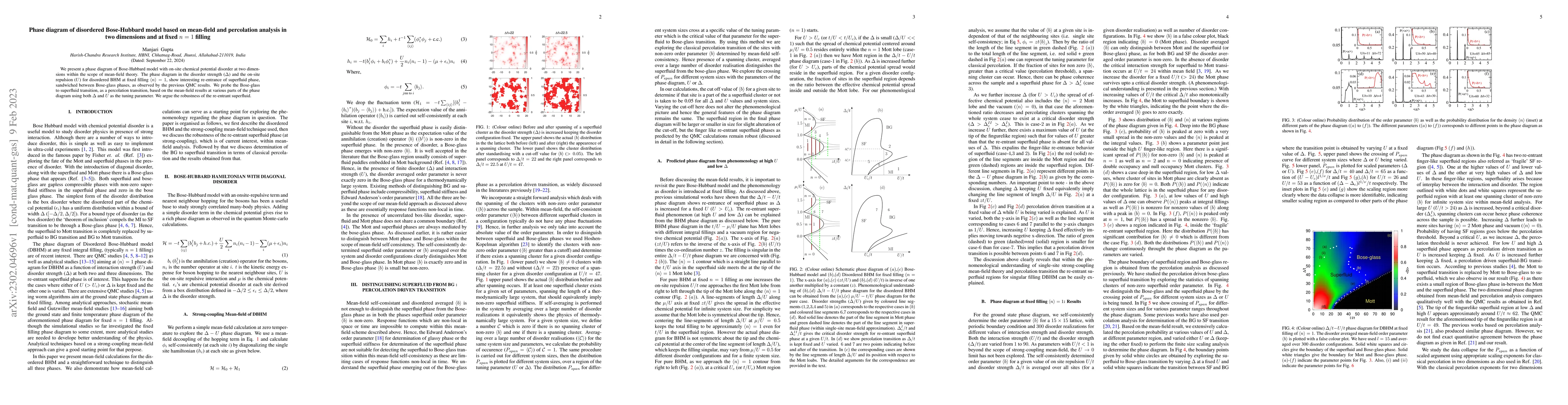 Thumbnail for Phase diagram of disordered Bose-Hubbard model based on mean-field and
  percolation analysis in two dimensions and at fixed $n=1$ filling