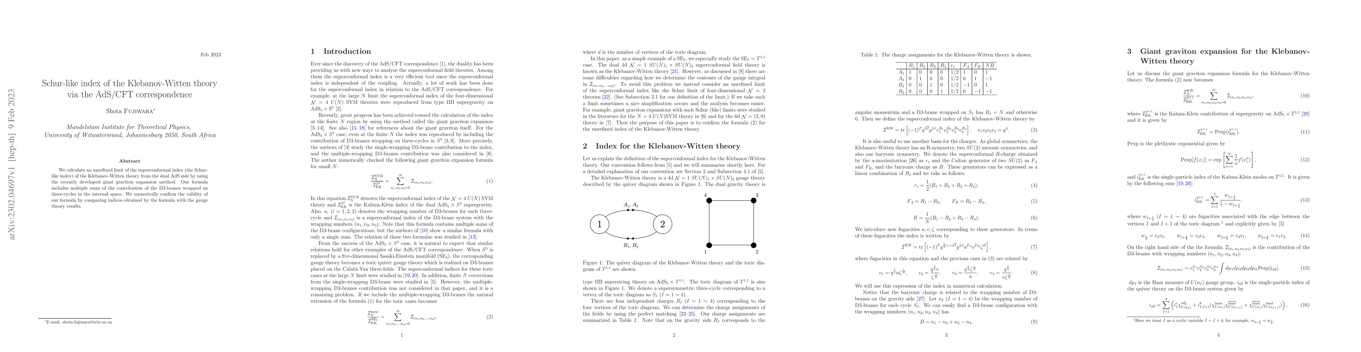 Thumbnail for Schur-like index of the Klebanov-Witten theory via the AdS/CFT
  correspondence