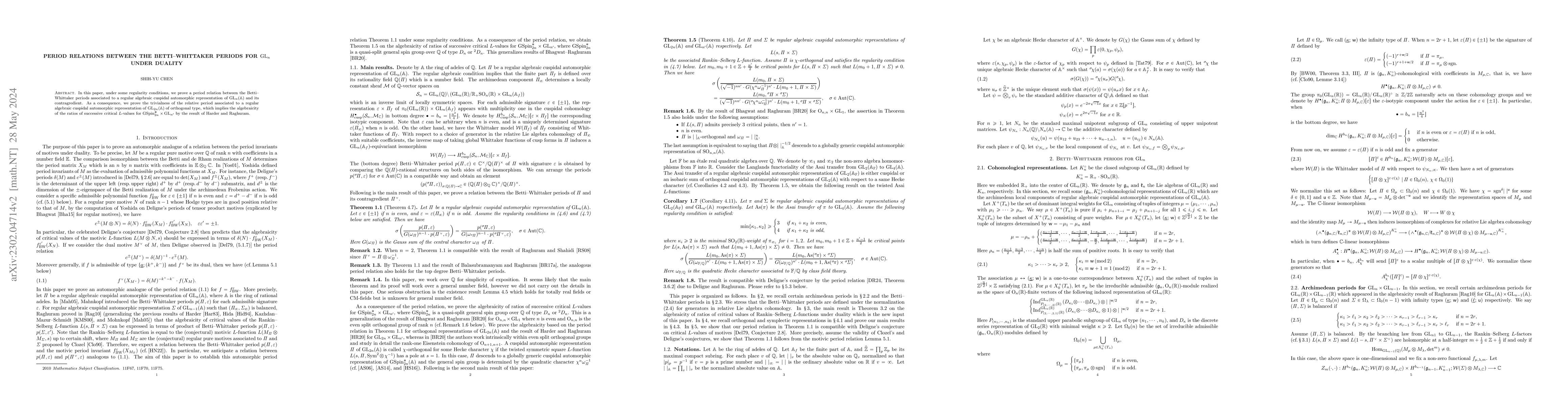 Thumbnail for Period relations between the Betti-Whittaker periods for ${\rm GL}_n$
  under duality