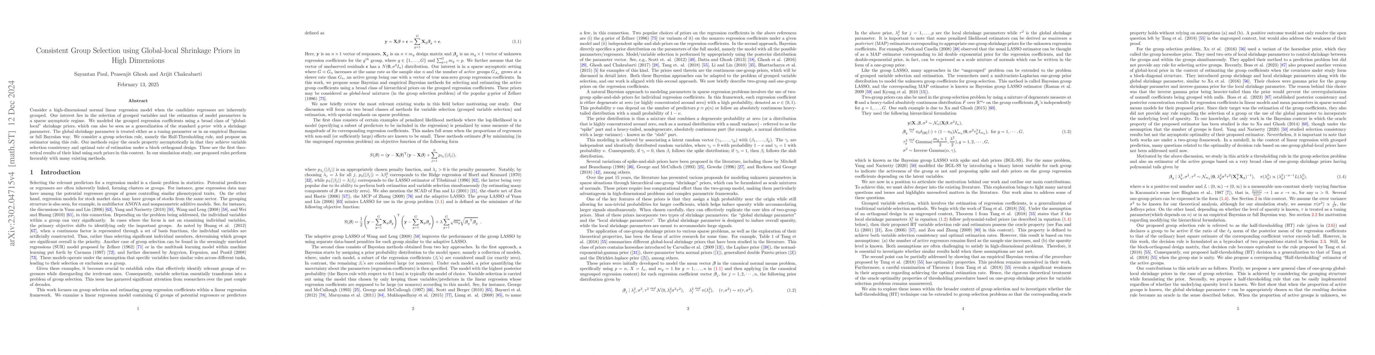 Thumbnail for Consistent Group selection using Global-local prior in High dimensional
  setup