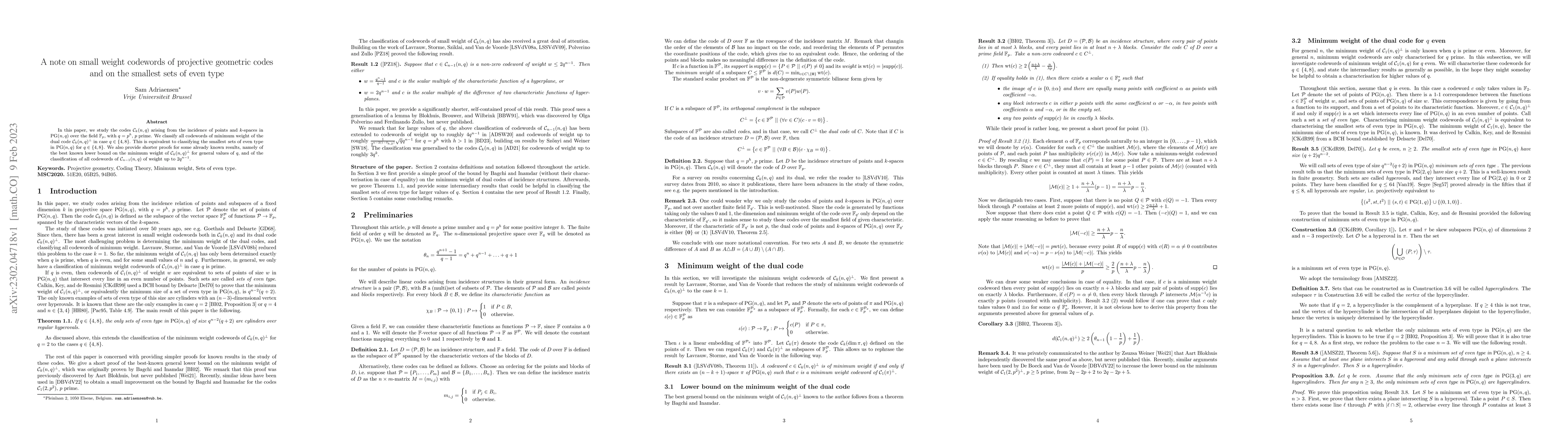 Thumbnail for A note on small weight codewords of projective geometric codes and on
  the smallest sets of even type