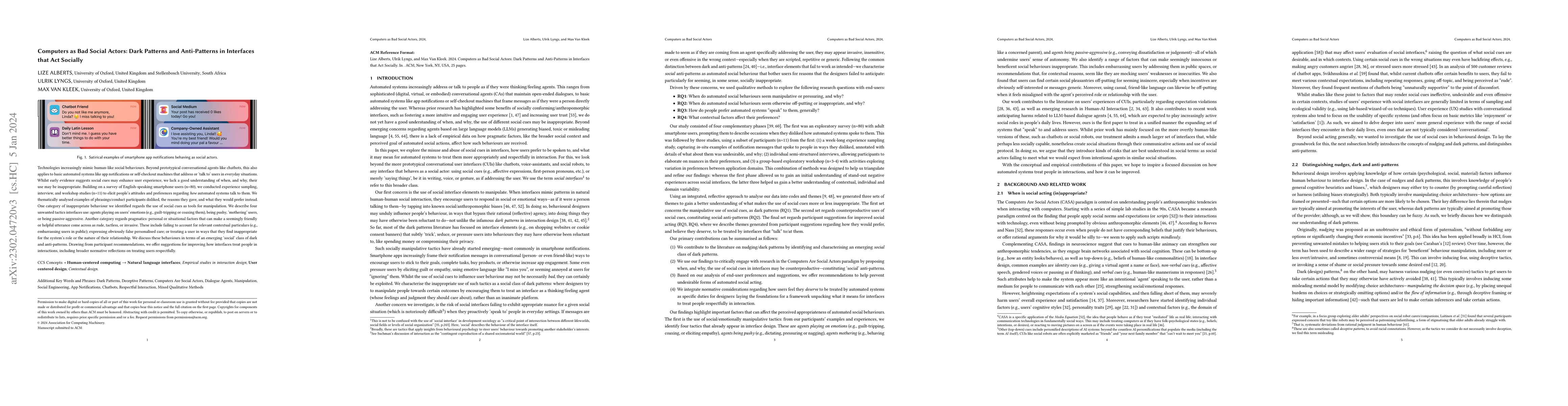 Thumbnail for Computers as Bad Social Actors: Dark Patterns and Anti-Patterns in
  Interfaces that Act Socially