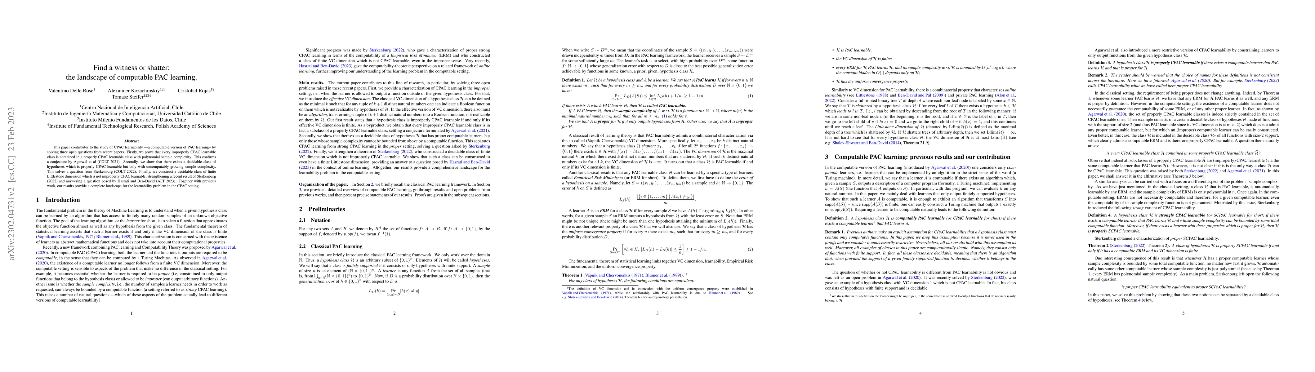 Thumbnail for Find a witness or shatter: the landscape of computable PAC learning