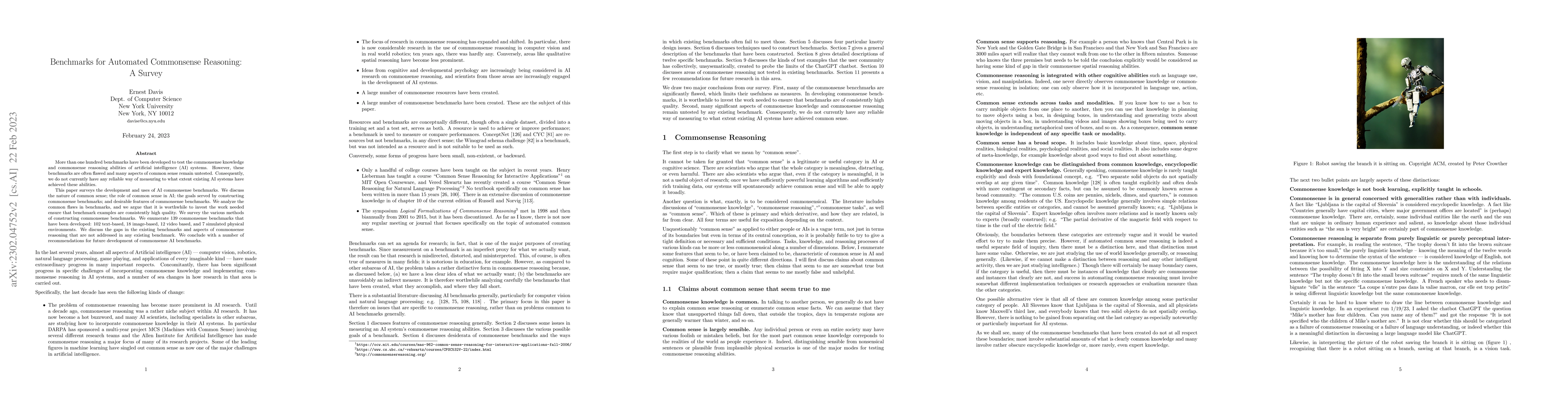 Thumbnail for Benchmarks for Automated Commonsense Reasoning: A Survey