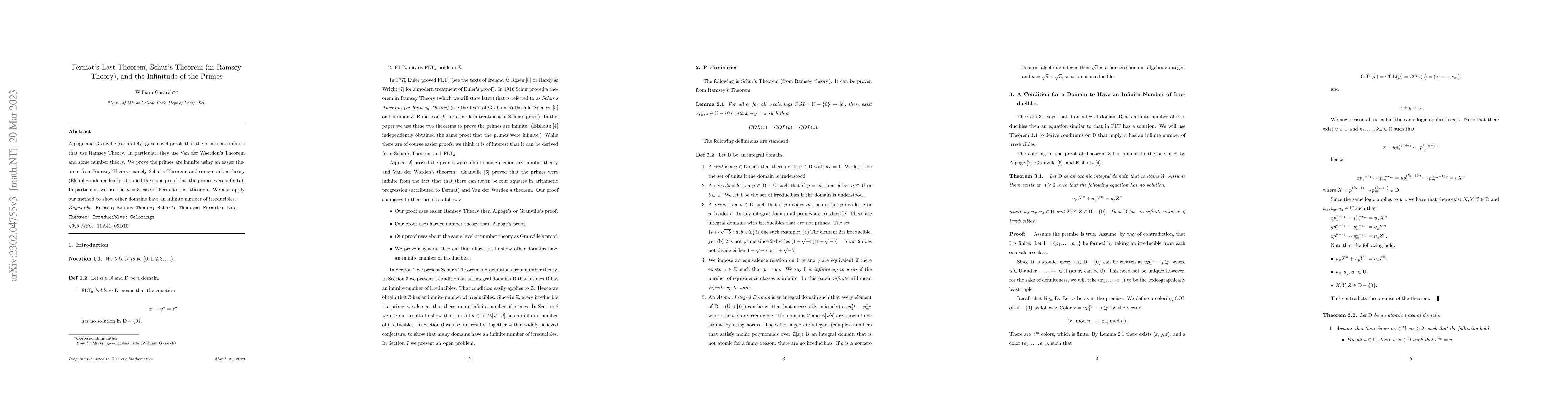 Thumbnail for Fermat's Last Theorem, Schur's Theorem (in Ramsey Theory), and the
  Infinitude of the Primes