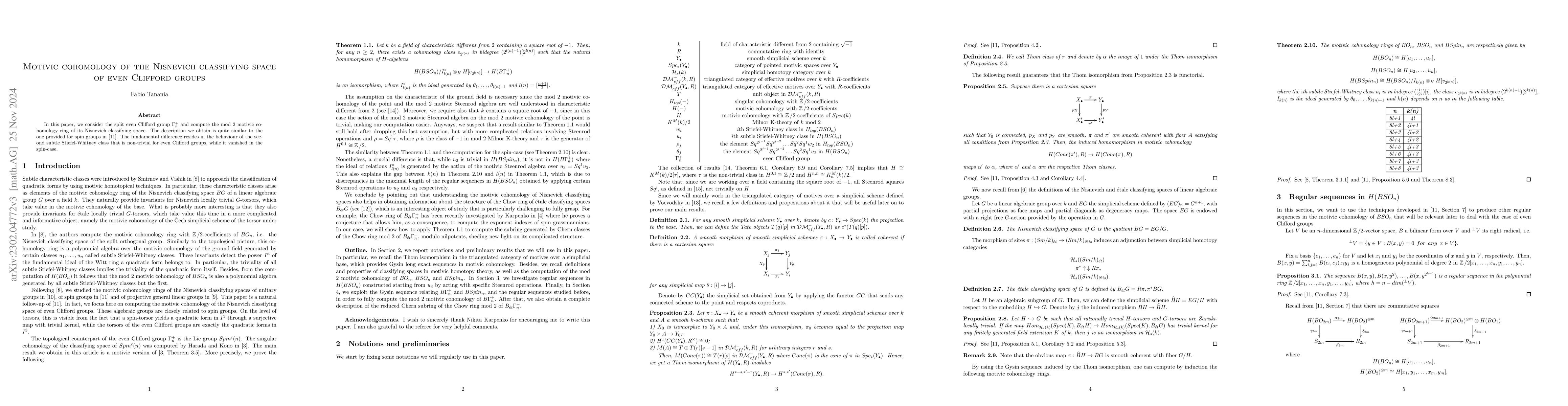 Thumbnail for Motivic cohomology of the Nisnevich classifying space of even Clifford
  groups
