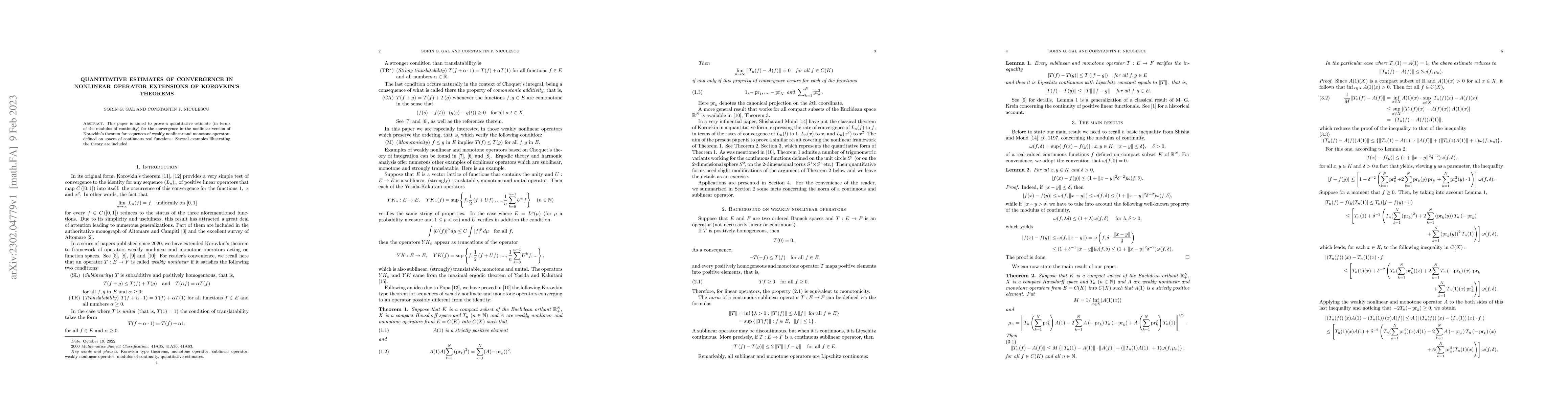 Thumbnail for Quantitative estimates of convergence in nonlinear operator extensions
  of Korovkin's theorems
