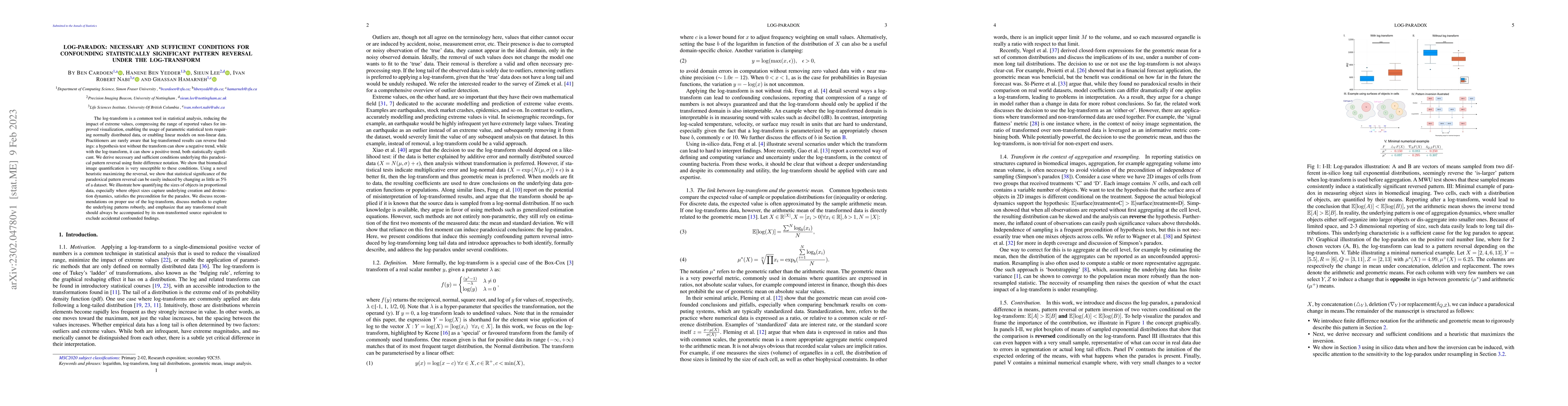 Thumbnail for Log-Paradox: Necessary and sufficient conditions for confounding
  statistically significant pattern reversal under the log-transform