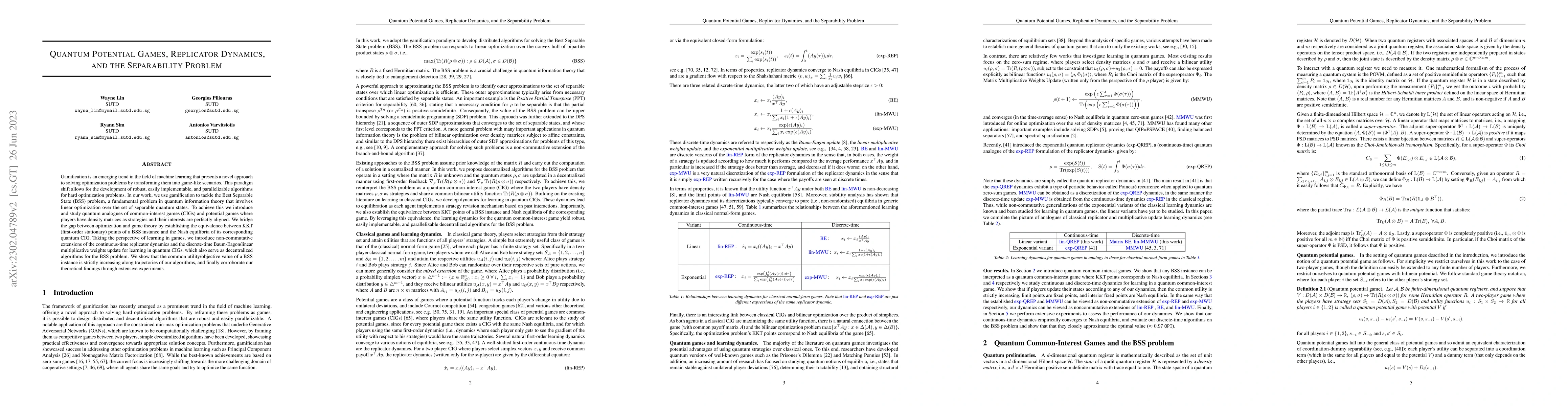 Thumbnail for Quantum Potential Games, Replicator Dynamics, and the Separability
  Problem