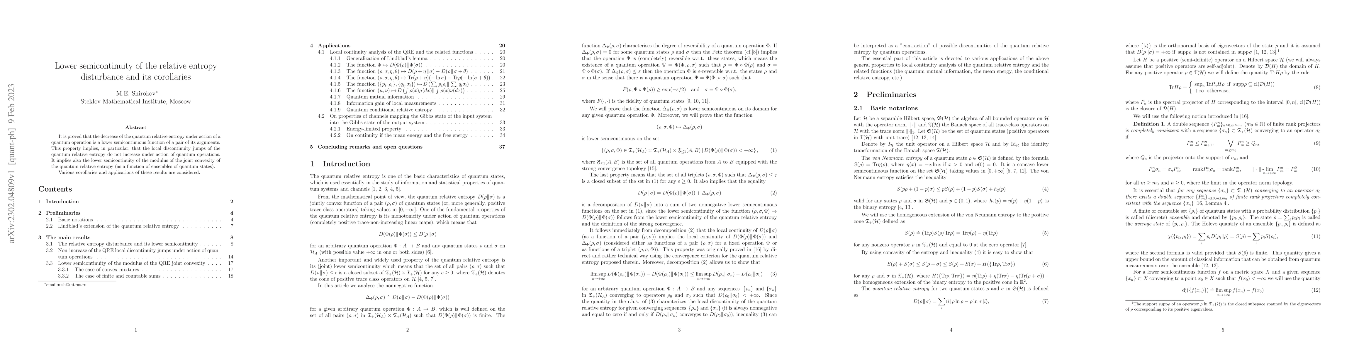 Thumbnail for Lower semicontinuity of the relative entropy disturbance and its
  corollaries