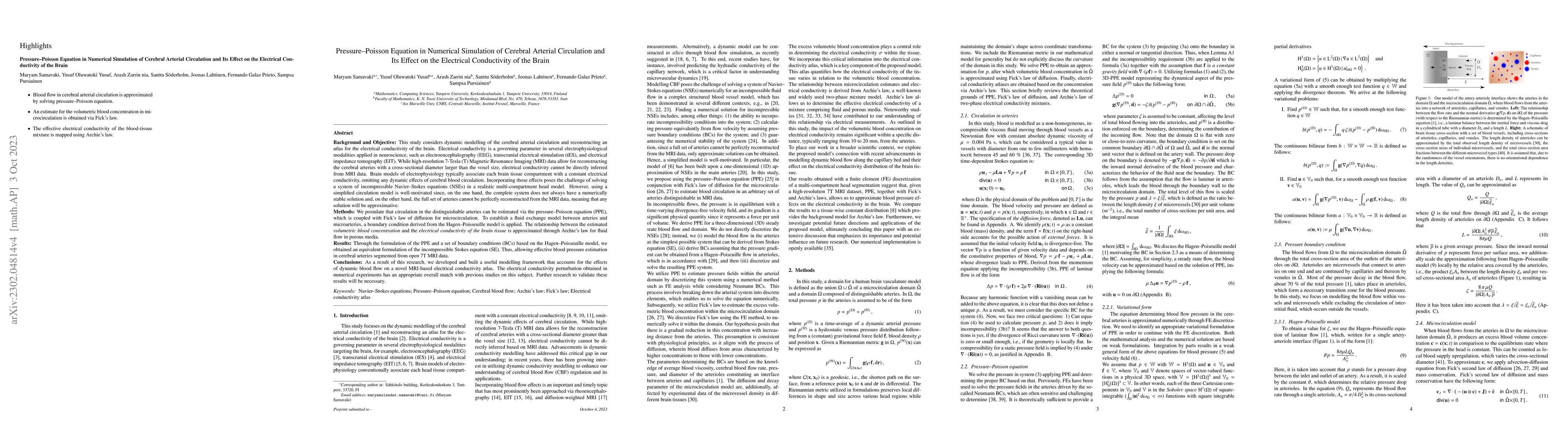 Thumbnail for Pressure-Poisson Equation in Numerical Simulation of Cerebral Arterial
  Circulation and Its Effect on the Electrical Conductivity of the Brain