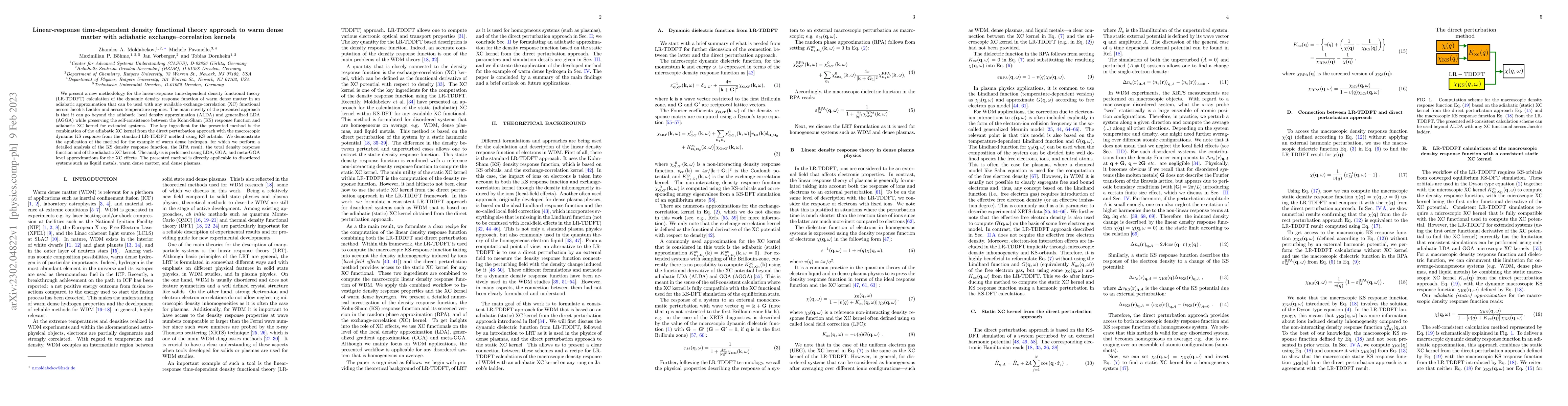 Thumbnail for Linear-response time-dependent density functional theory approach to
  warm dense matter with adiabatic exchange--correlation kernels