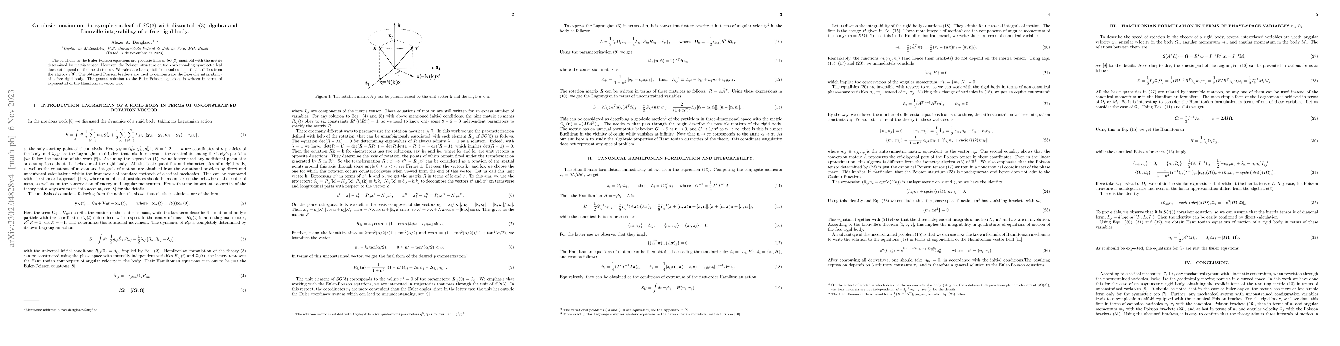 Thumbnail for Geodesic motion on the symplectic leaf of $SO(3)$ with distorted $e(3)$
  algebra and Liouville integrability of a free rigid body