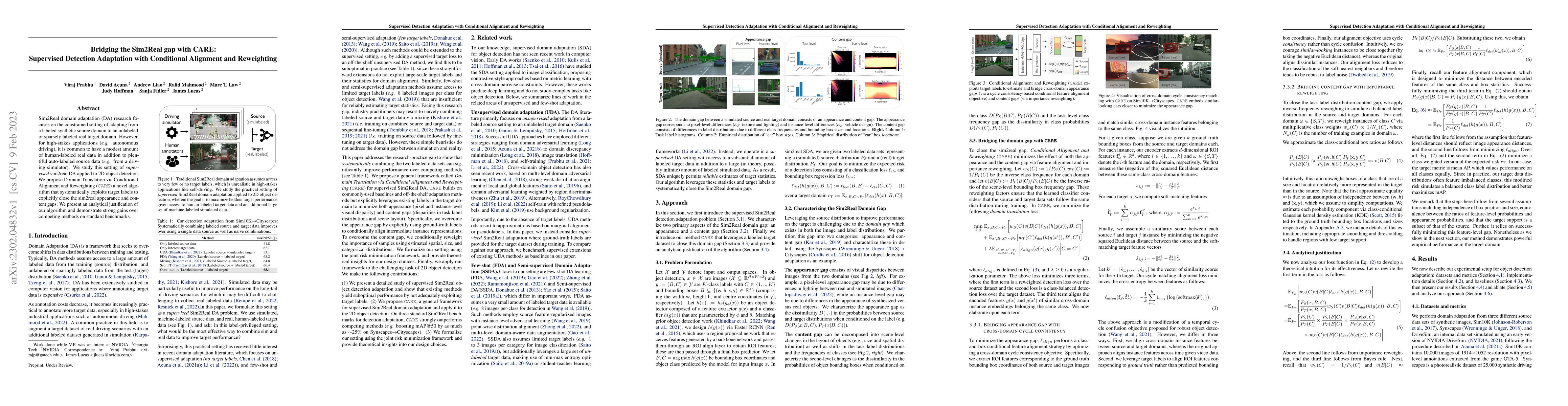Thumbnail for Bridging the Sim2Real gap with CARE: Supervised Detection Adaptation
  with Conditional Alignment and Reweighting