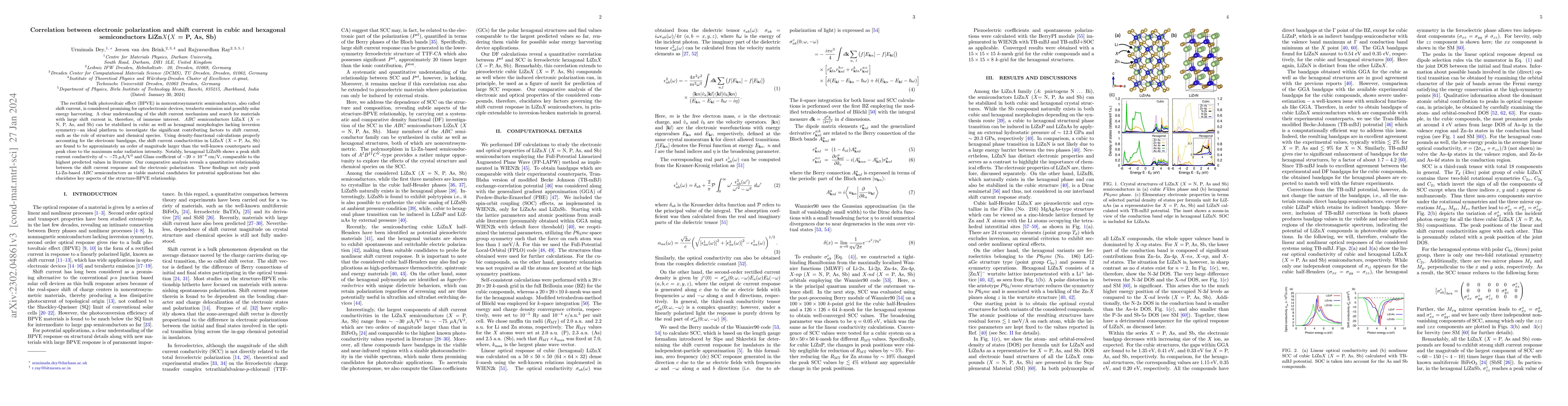 Thumbnail for Correlation between electronic polarization and shift current in cubic
  and hexagonal semiconductors LiZn$X$ ($X$ = P, As, Sb)