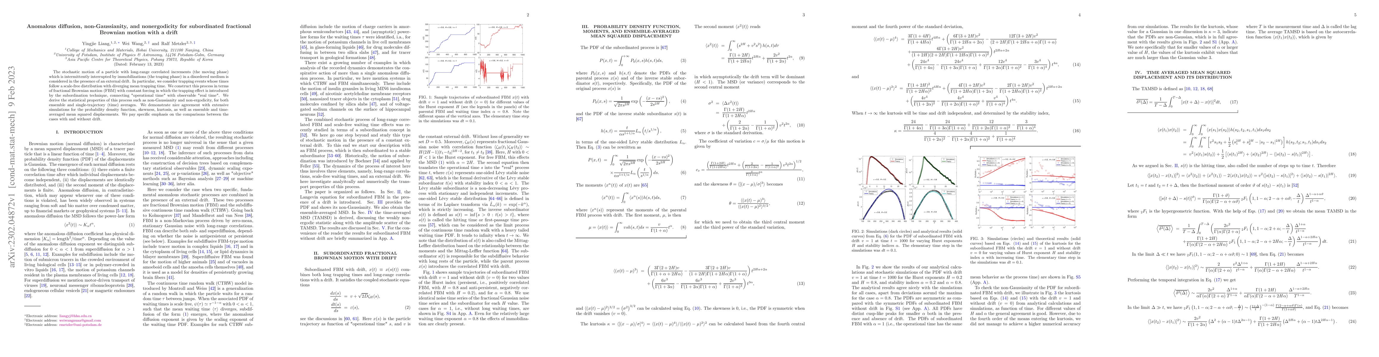 Thumbnail for Anomalous diffusion, non-Gaussianity, and nonergodicity for subordinated
  fractional Brownian motion with a drift