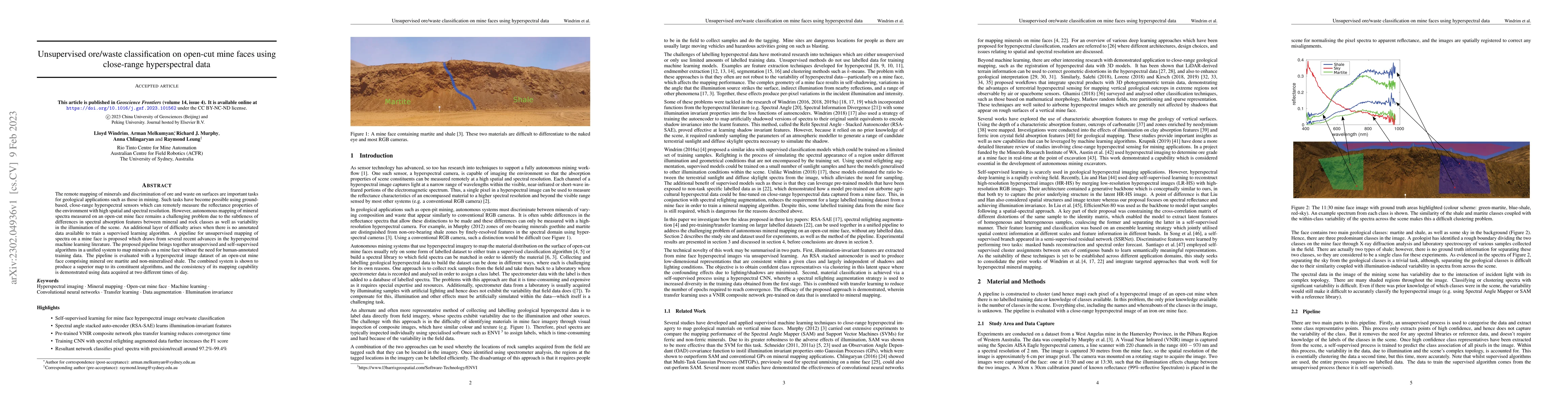 Thumbnail for Unsupervised ore/waste classification on open-cut mine faces using
  close-range hyperspectral data