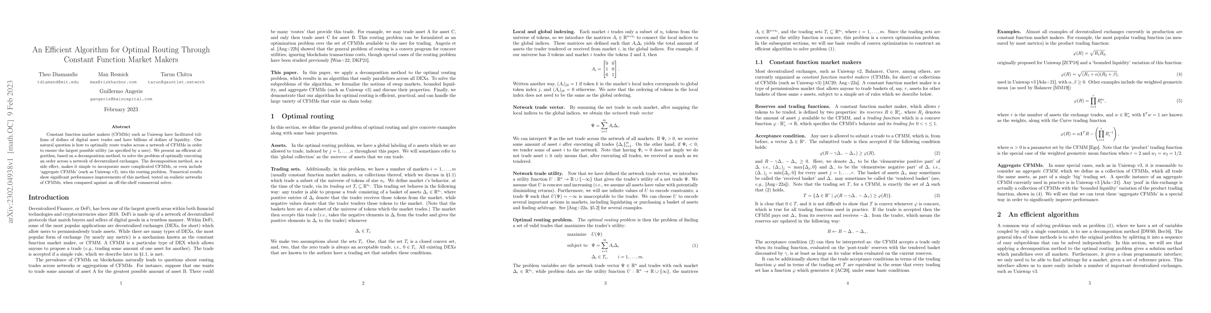 Thumbnail for An Efficient Algorithm for Optimal Routing Through Constant Function
  Market Makers