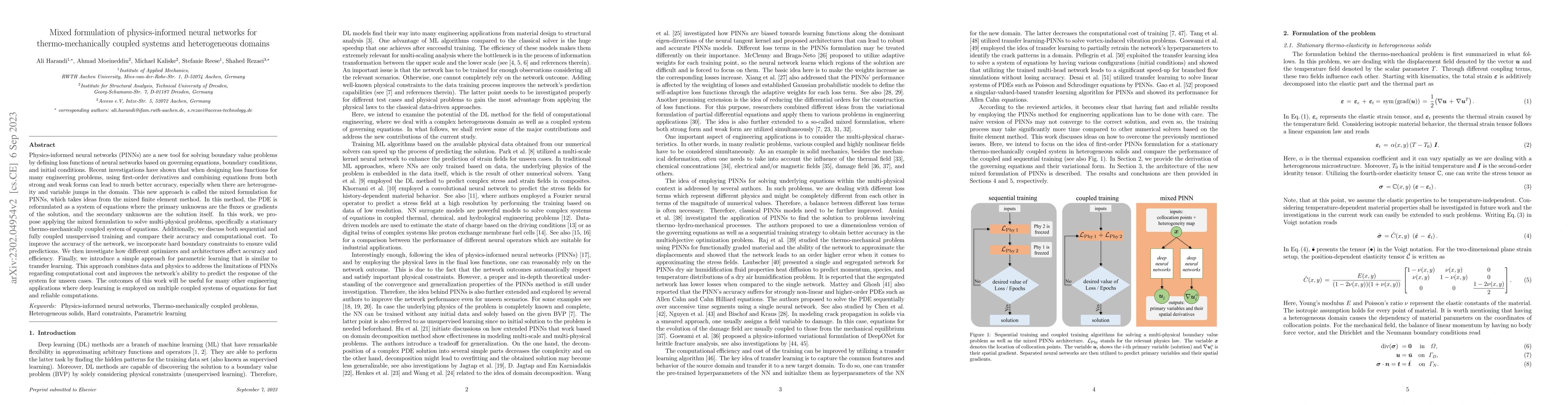 Thumbnail for Mixed formulation of physics-informed neural networks for
  thermo-mechanically coupled systems and heterogeneous domains