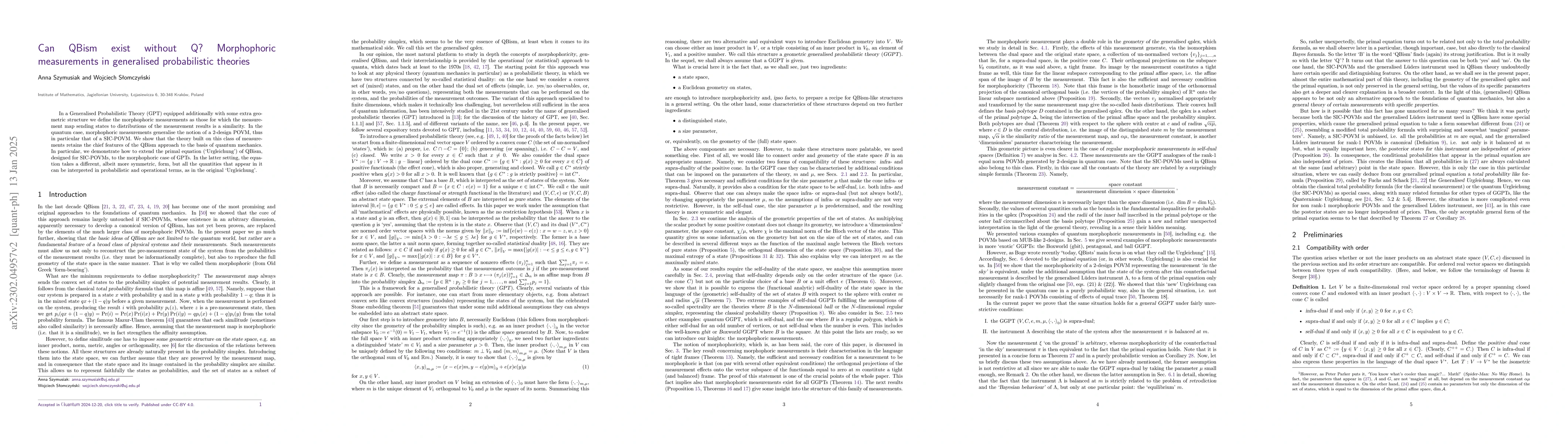 Thumbnail for Can QBism exist without Q? Morphophoric measurements in generalised
  probabilistic theories