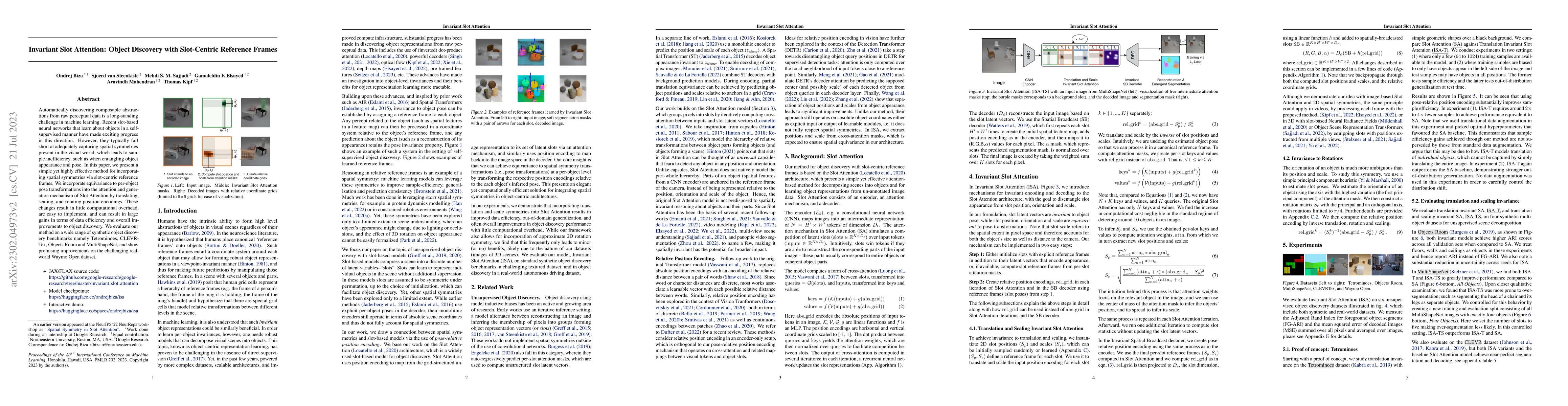 Thumbnail for Invariant Slot Attention: Object Discovery with Slot-Centric Reference
  Frames