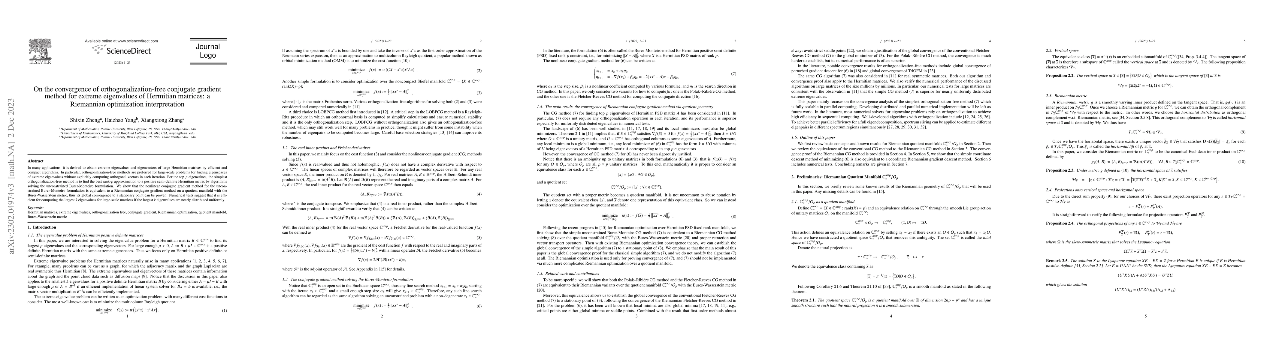 Thumbnail for On the convergence of orthogonalization-free conjugate gradient method
  for extreme eigenvalues of Hermitian matrices: a Riemannian optimization
  interpretation