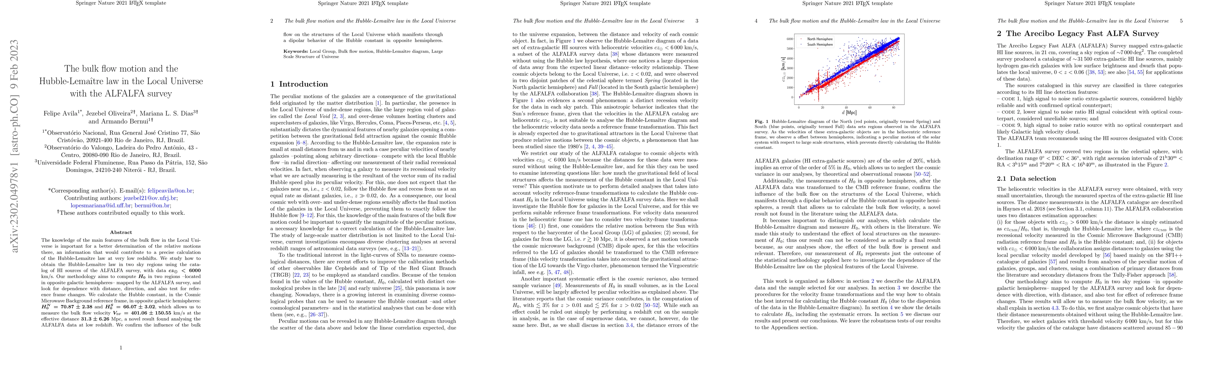 Thumbnail for The bulk flow motion and the Hubble-Lema\^{\i}tre law in the Local
  Universe with the ALFALFA survey