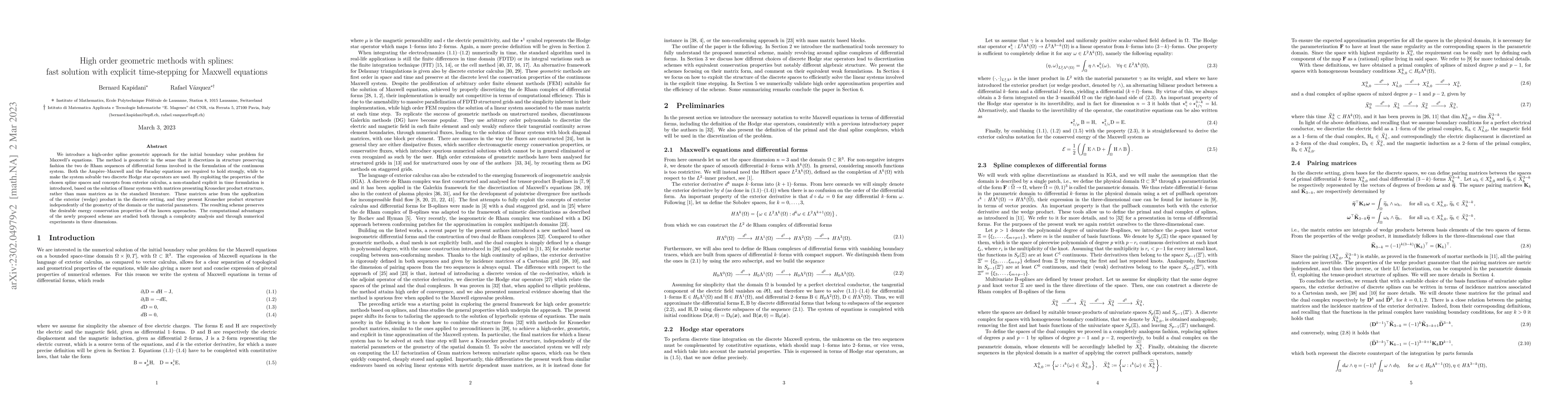 Thumbnail for High order geometric methods with splines: fast solution with explicit
  time-stepping for Maxwell equations