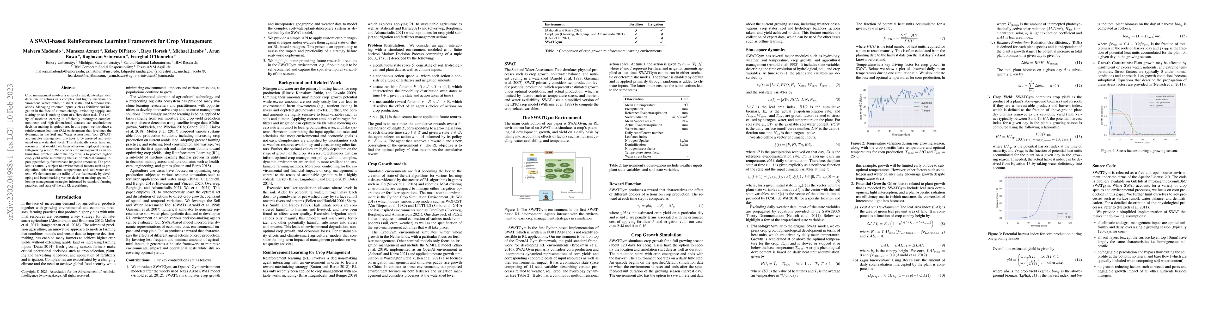 Thumbnail for A SWAT-based Reinforcement Learning Framework for Crop Management