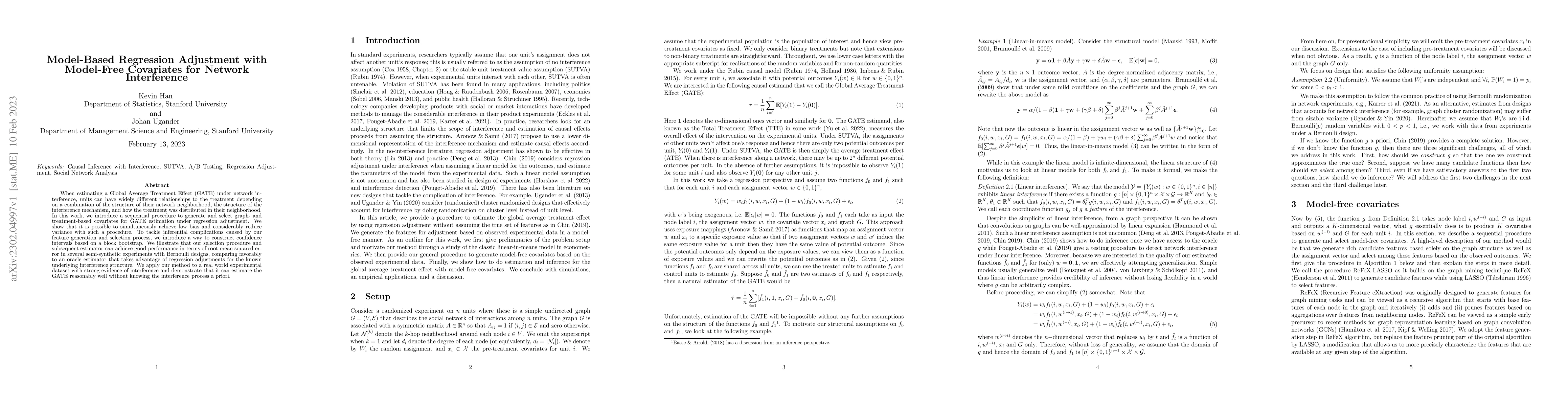Thumbnail for Model-Based Regression Adjustment with Model-Free Covariates for Network
  Interference