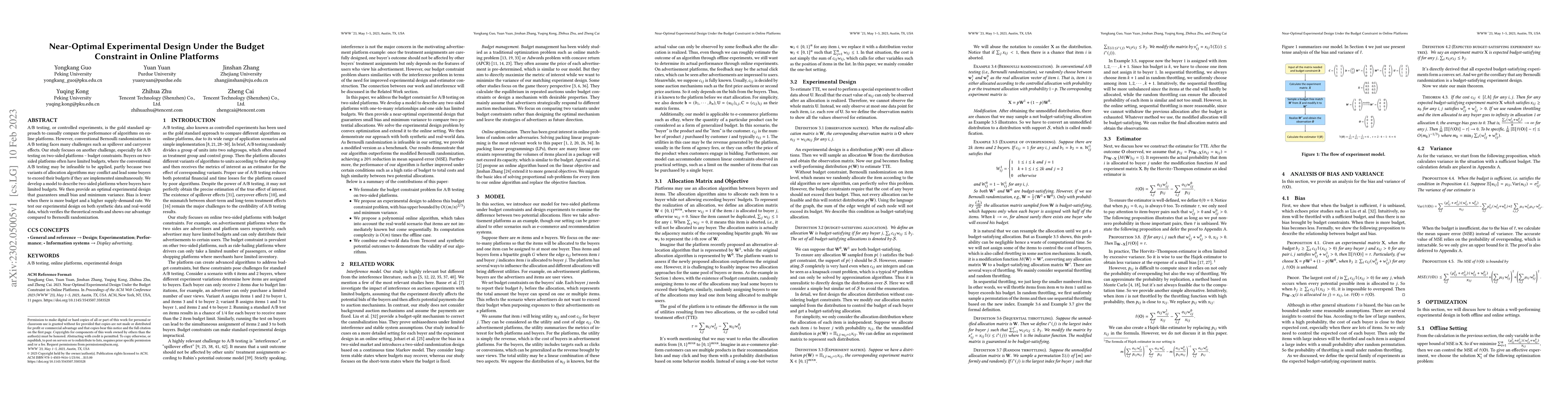 Thumbnail for Near-Optimal Experimental Design Under the Budget Constraint in Online
  Platforms