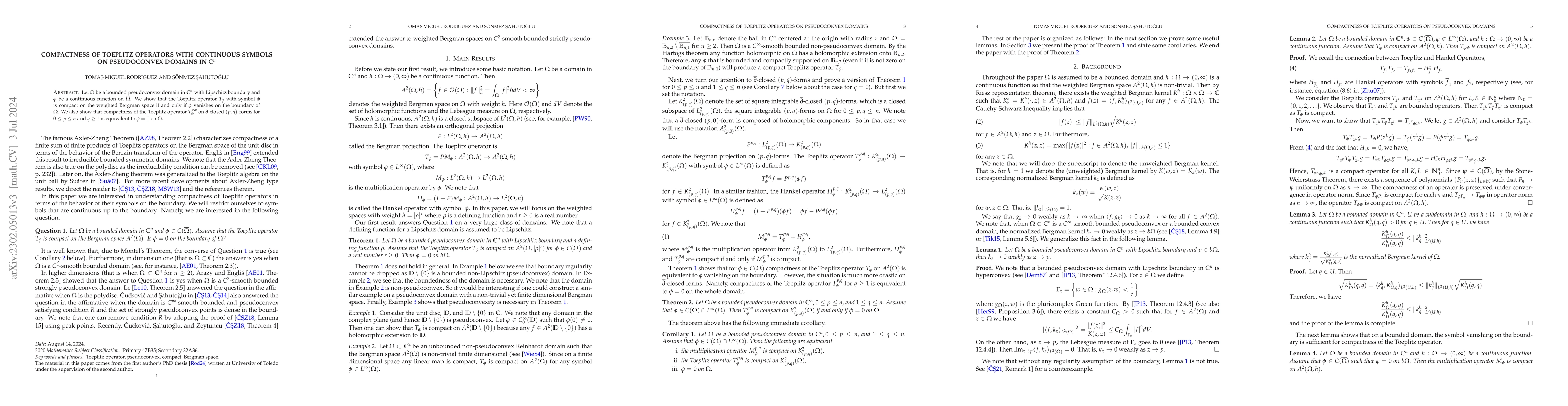 Thumbnail for Compactness of Toeplitz operators with continuous symbols on
  pseudoconvex domains in $\mathbb{C}^n$