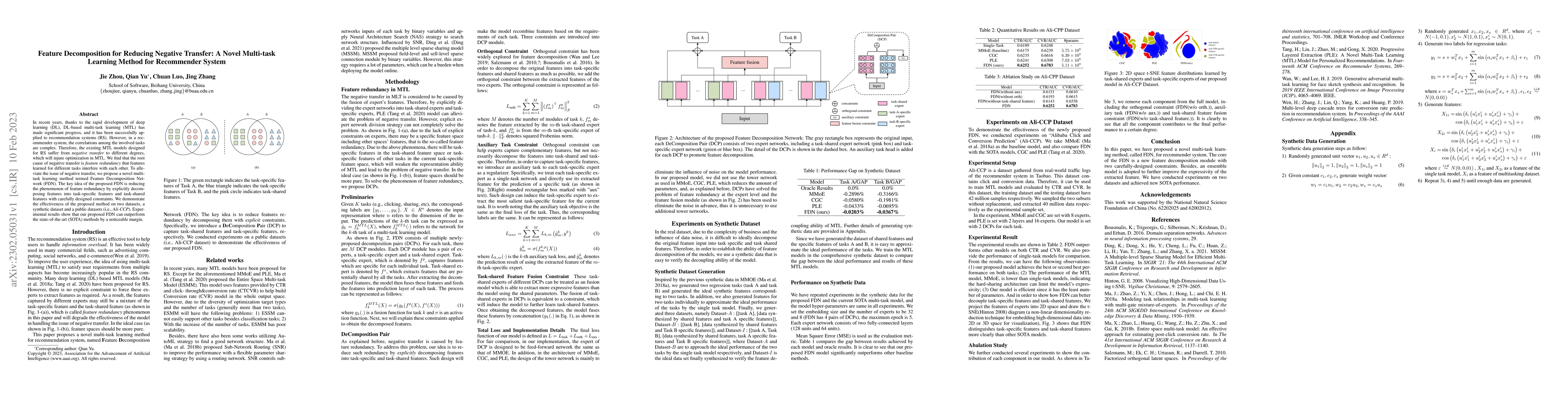 Thumbnail for Feature Decomposition for Reducing Negative Transfer: A Novel Multi-task
  Learning Method for Recommender System