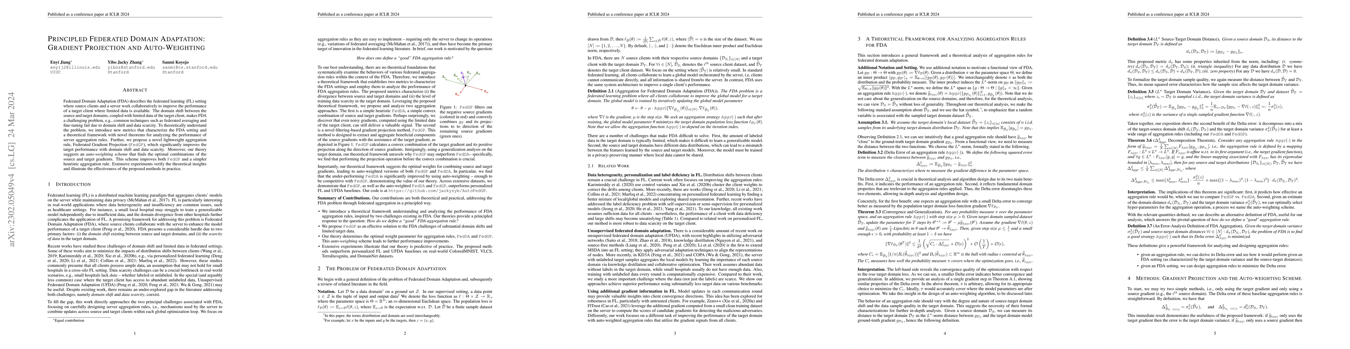 Thumbnail for Principled Federated Domain Adaptation: Gradient Projection and
  Auto-Weighting