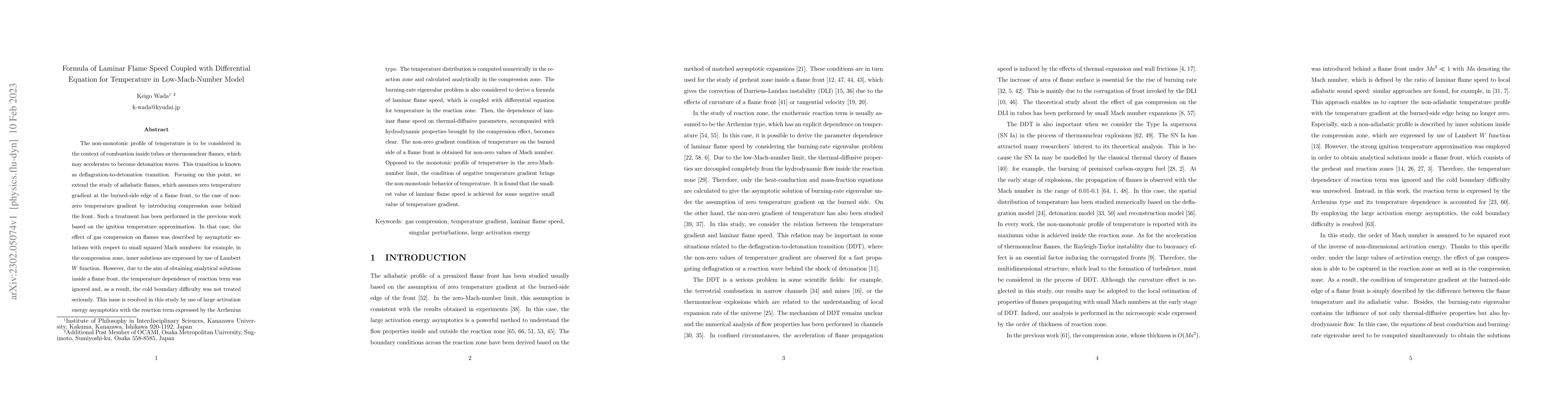 Thumbnail for Formula of Laminar Flame Speed Coupled with Differential Equation for
  Temperature in Low-Mach-Number Model