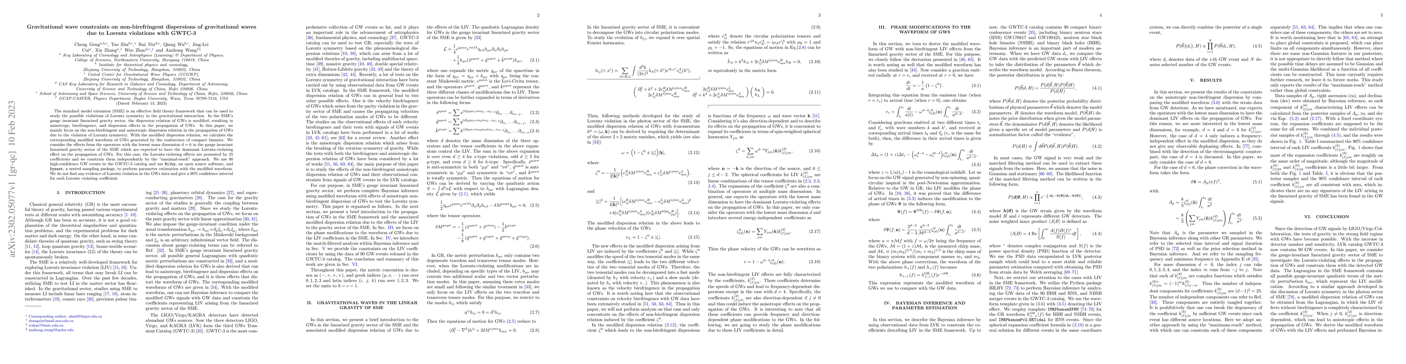 Thumbnail for Gravitational wave constraints on non-birefringent dispersions of
  gravitational waves due to Lorentz violations with GWTC-3