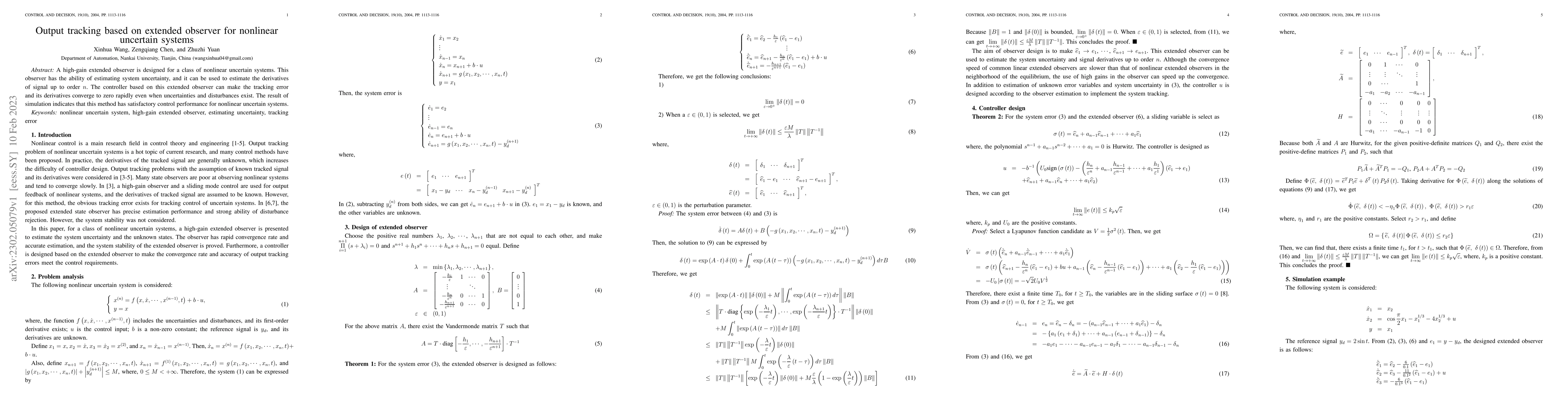 Thumbnail for Output tracking based on extended observer for nonlinear uncertain
  systems