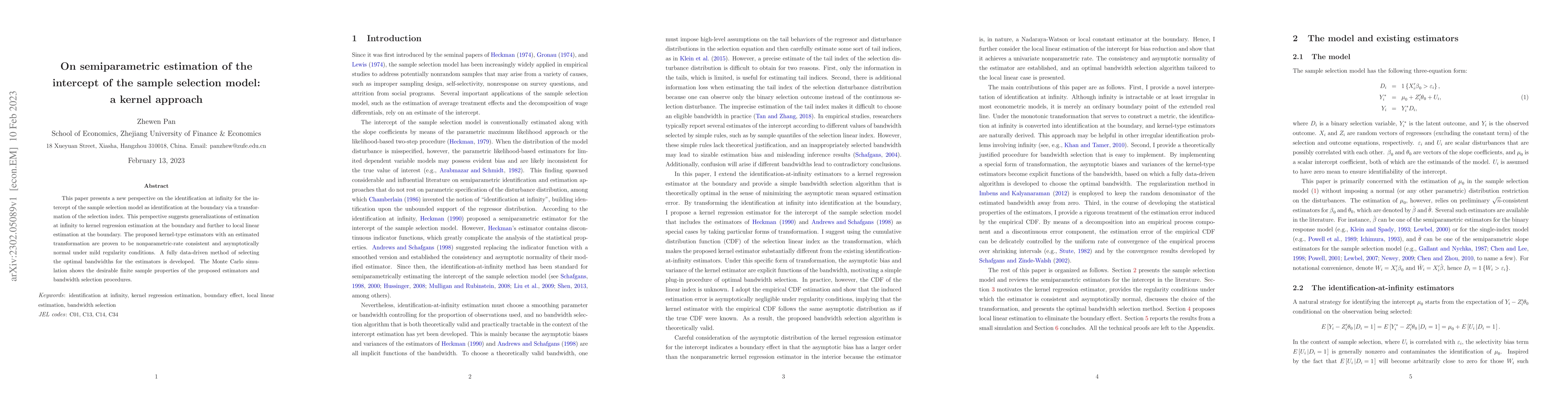 Thumbnail for On semiparametric estimation of the intercept of the sample selection
  model: a kernel approach
