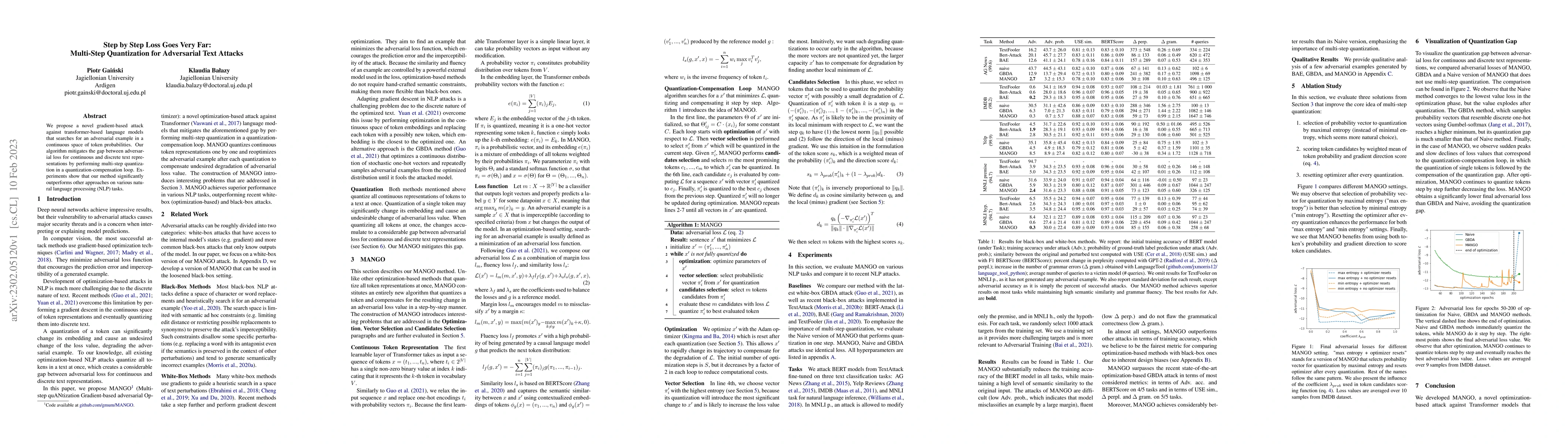 Thumbnail for Step by Step Loss Goes Very Far: Multi-Step Quantization for Adversarial
  Text Attacks