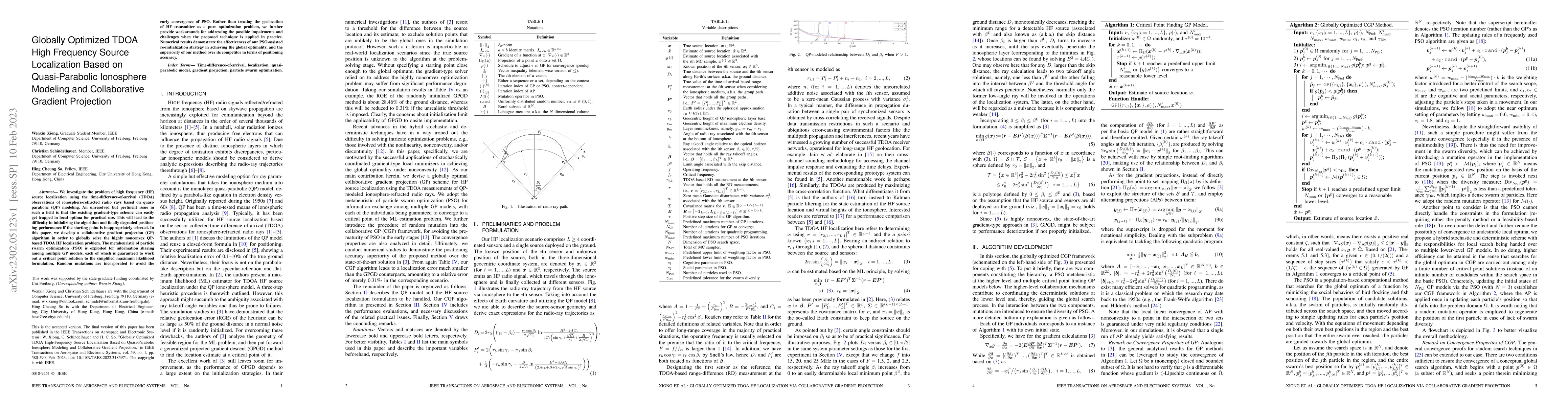 Thumbnail for Globally Optimized TDOA High Frequency Source Localization Based on
  Quasi-Parabolic Ionosphere Modeling and Collaborative Gradient Projection