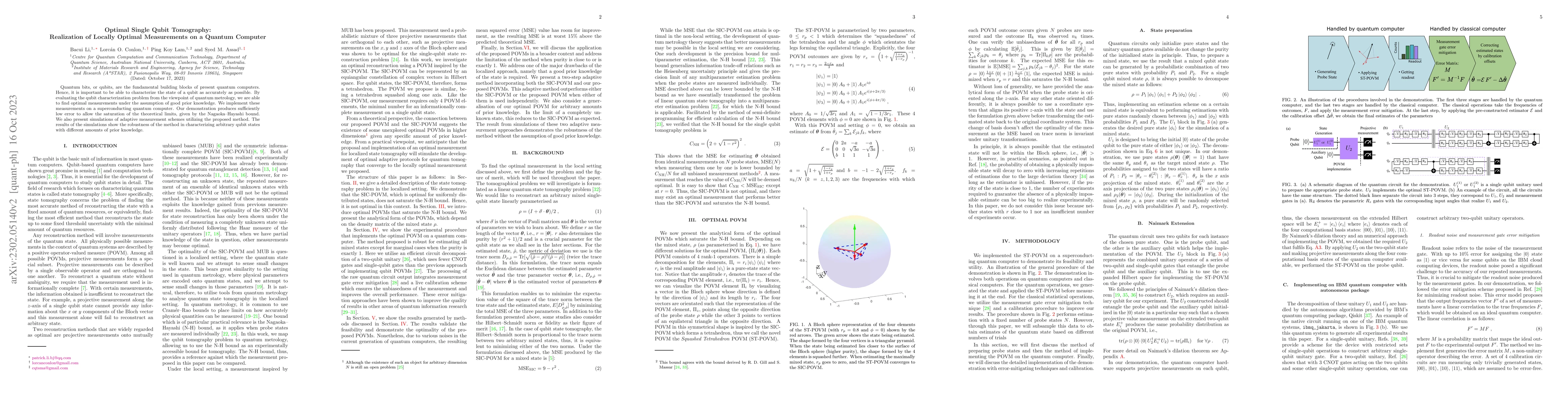 Thumbnail for Optimal Single Qubit Tomography: Realization of Locally Optimal
  Measurements on a Quantum Computer