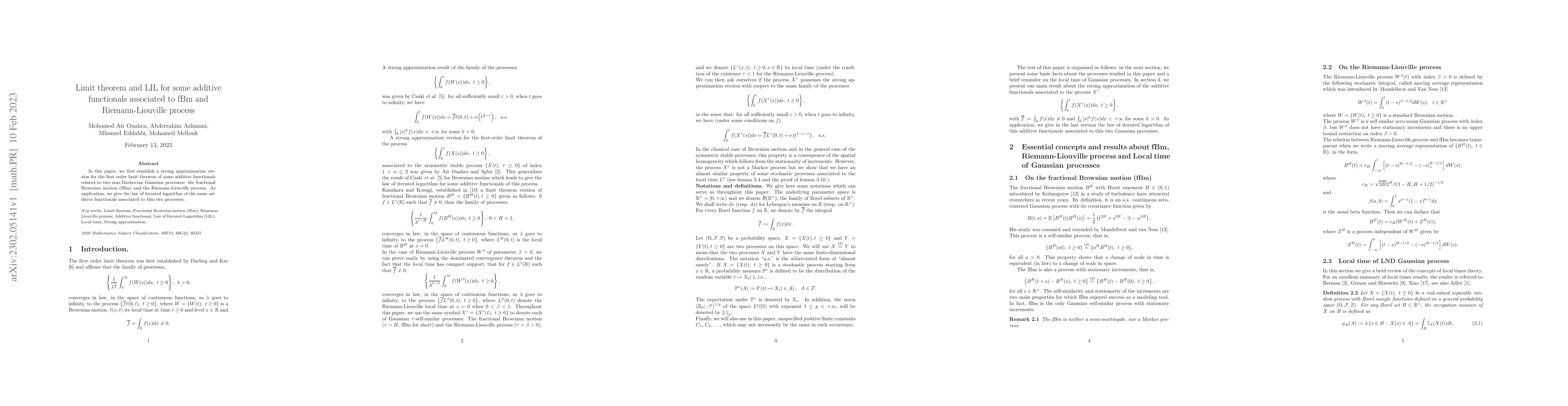 Thumbnail for Limit theorem and LIL for some additive functionals associated to fBm
  and Riemann-Liouiville process