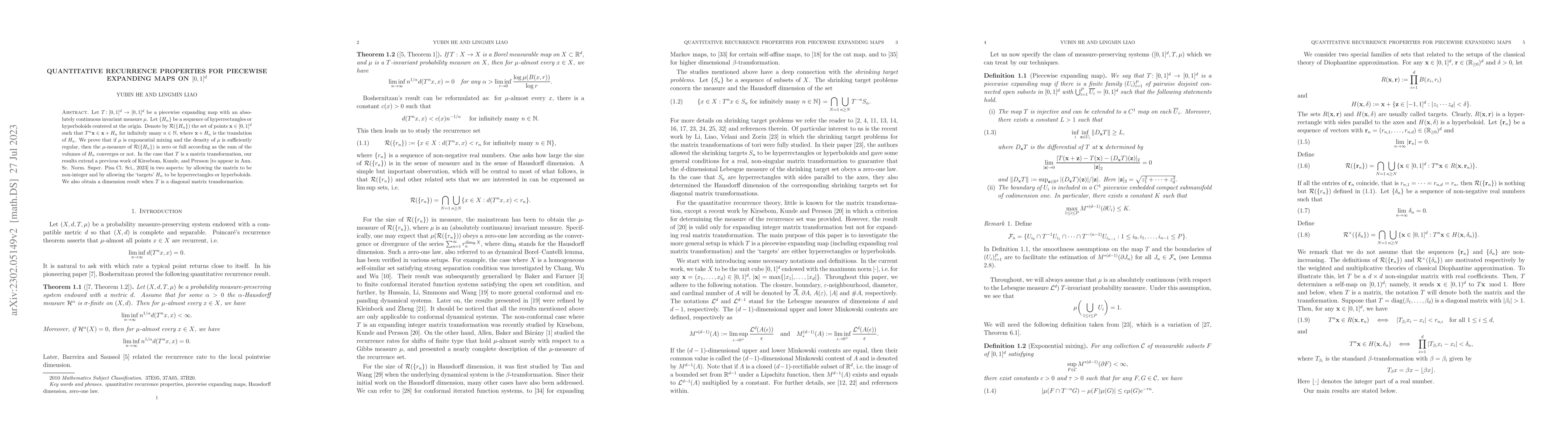 Thumbnail for Quantitative recurrence properties for piecewise expanding maps on $
  [0,1]^d $