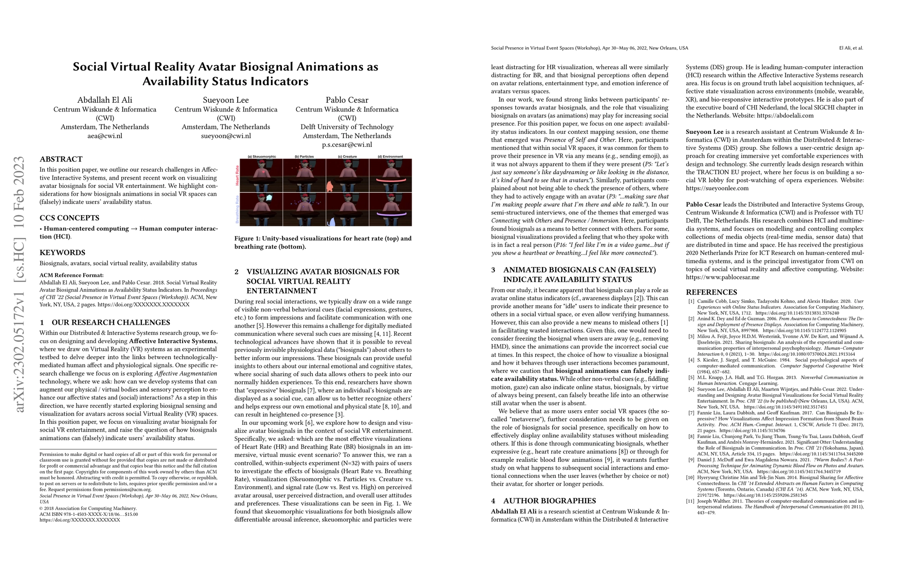 Thumbnail for Social Virtual Reality Avatar Biosignal Animations as Availability
  Status Indicators